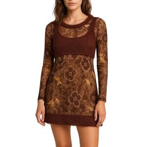 Y2K Brown Floral Mesh Dress with Fuzzy Knit Trim Long Sleeve Retro Layered S